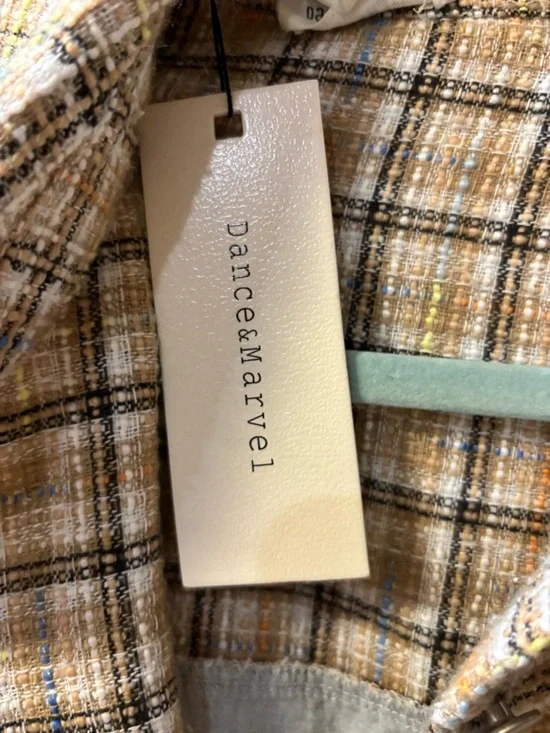 Dance & Marvel Plaid Tan Jacket with Light Blue Denim Sleeves - Picture 2 of 9